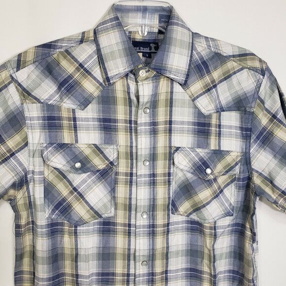 RK Brand Mens Shirt Size Small Western Pearl Snap 2 Pocket Blue Plaid Short Slv - Picture 3 of 9
